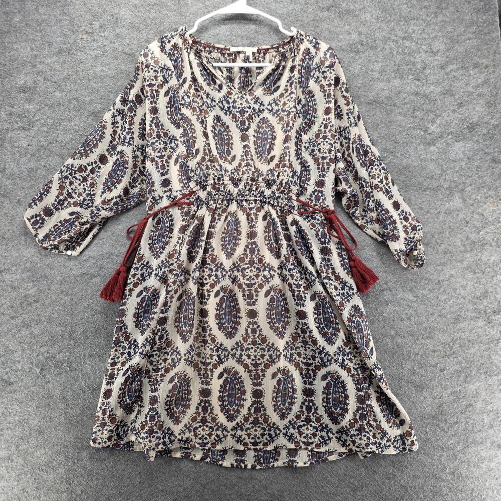 Floreat Dress Womens S Multicolor Knee Length Blouson 3/4 Sleeve Tassel Tie Boho